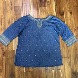 Nic+Zoe Womens Blouse Pullover Tunic Top Chambray Embroidered 3/4 Sleeve Boho XL